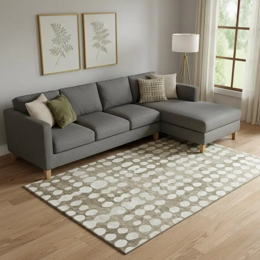 Taupe And Ivory Polka Dot Washable Area Rug With UV Protection Photo 1