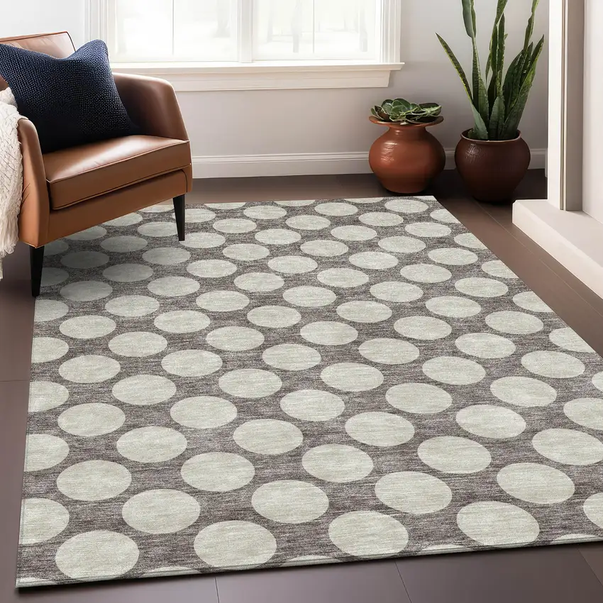 Taupe And Ivory Polka Dot Washable Area Rug With UV Protection Photo 5