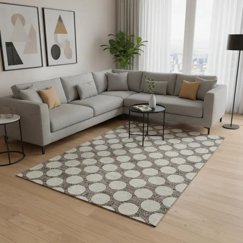 Taupe And Ivory Polka Dot Washable Area Rug With UV Protection Photo 2