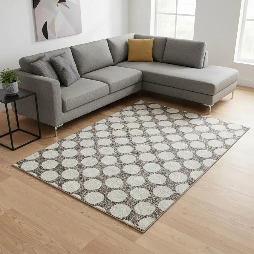 Taupe And Ivory Polka Dot Washable Area Rug With UV Protection Photo 2