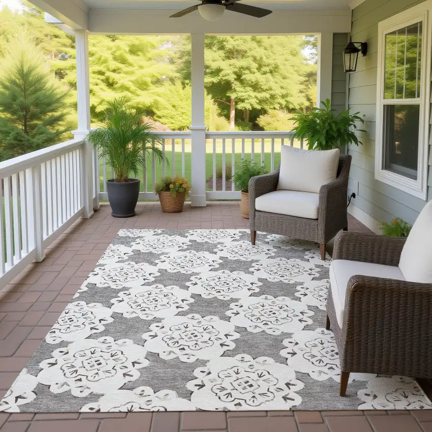 Taupe And Ivory Quatrefoil Washable Indoor Outdoor Area Rug Photo 9