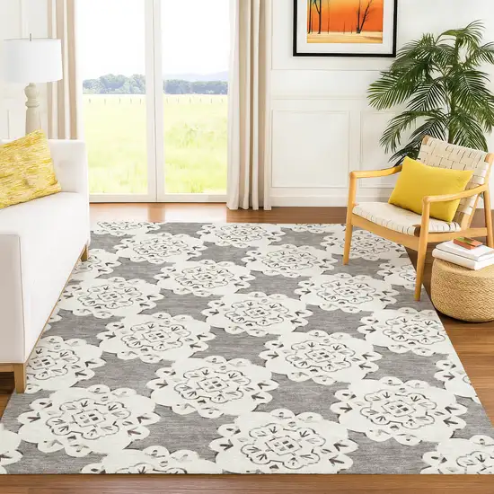 Taupe And Ivory Quatrefoil Washable Indoor Outdoor Area Rug Photo 8