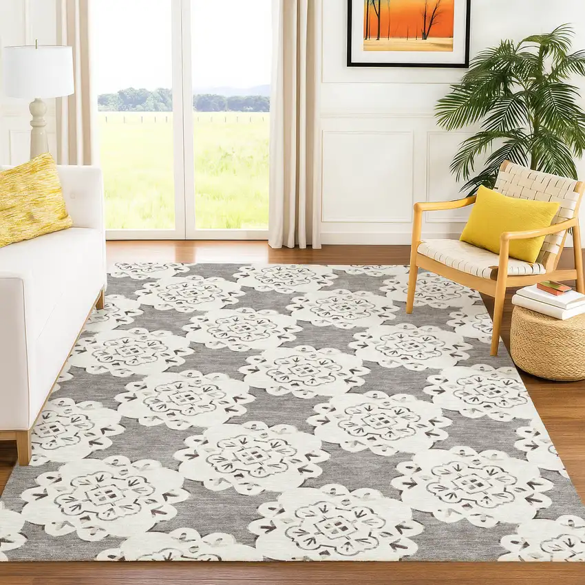 Taupe And Ivory Quatrefoil Washable Indoor Outdoor Area Rug Photo 8