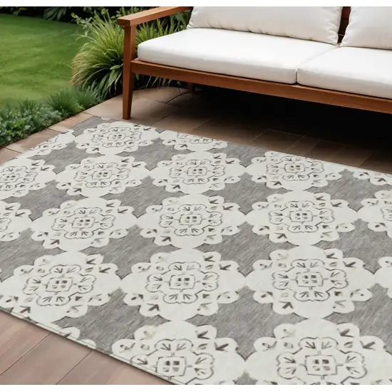 Taupe And Ivory Quatrefoil Washable Indoor Outdoor Area Rug Photo 1