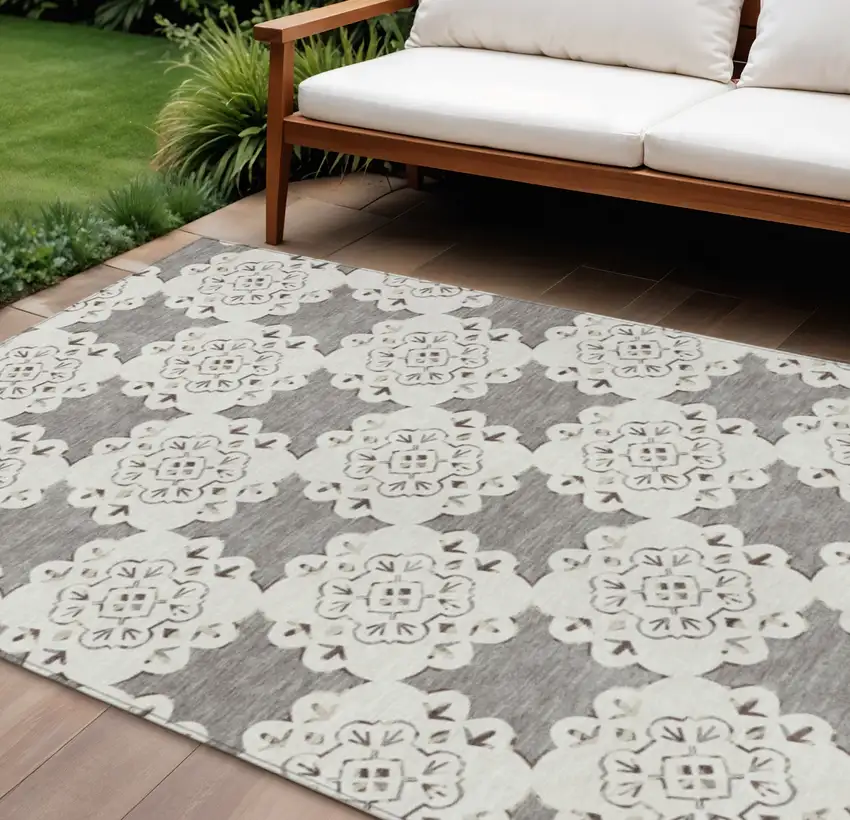 Taupe And Ivory Quatrefoil Washable Indoor Outdoor Area Rug Photo 1