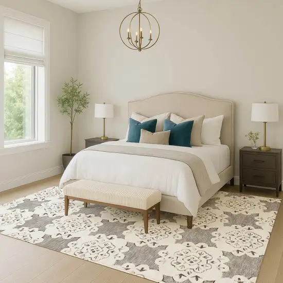 Taupe And Ivory Quatrefoil Washable Indoor Outdoor Area Rug Photo 7