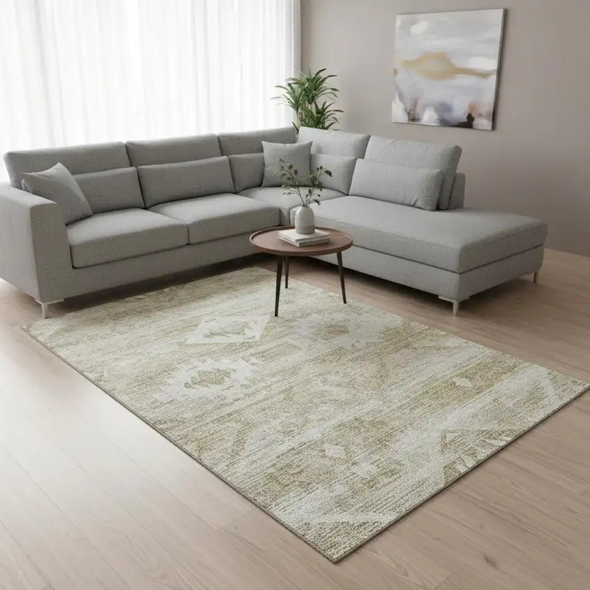 Taupe And Ivory Southwestern Washable Area Rug With UV Protection Photo 2