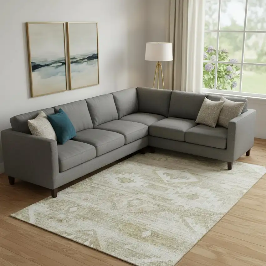 Taupe And Ivory Southwestern Washable Area Rug With UV Protection Photo 1