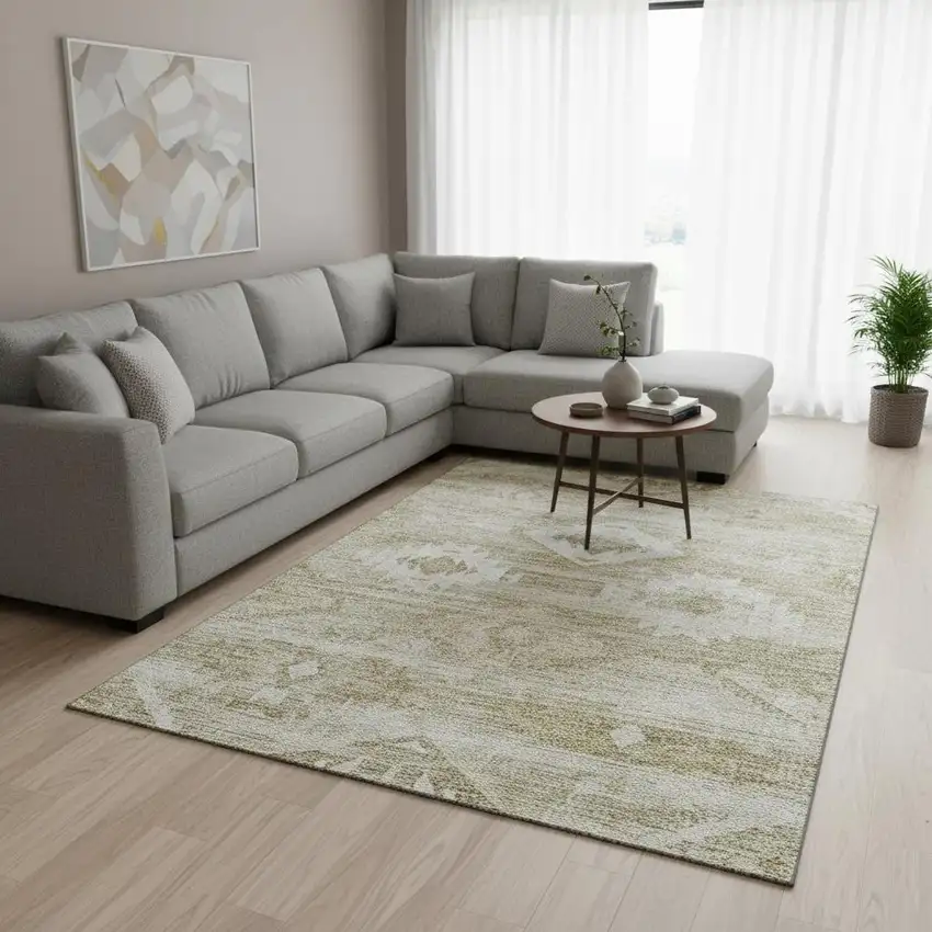 Taupe And Ivory Southwestern Washable Area Rug With UV Protection Photo 2