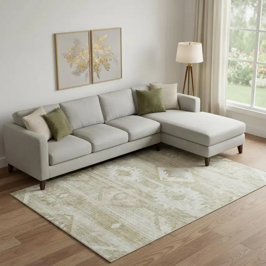 Taupe And Ivory Southwestern Washable Area Rug With UV Protection Photo 1