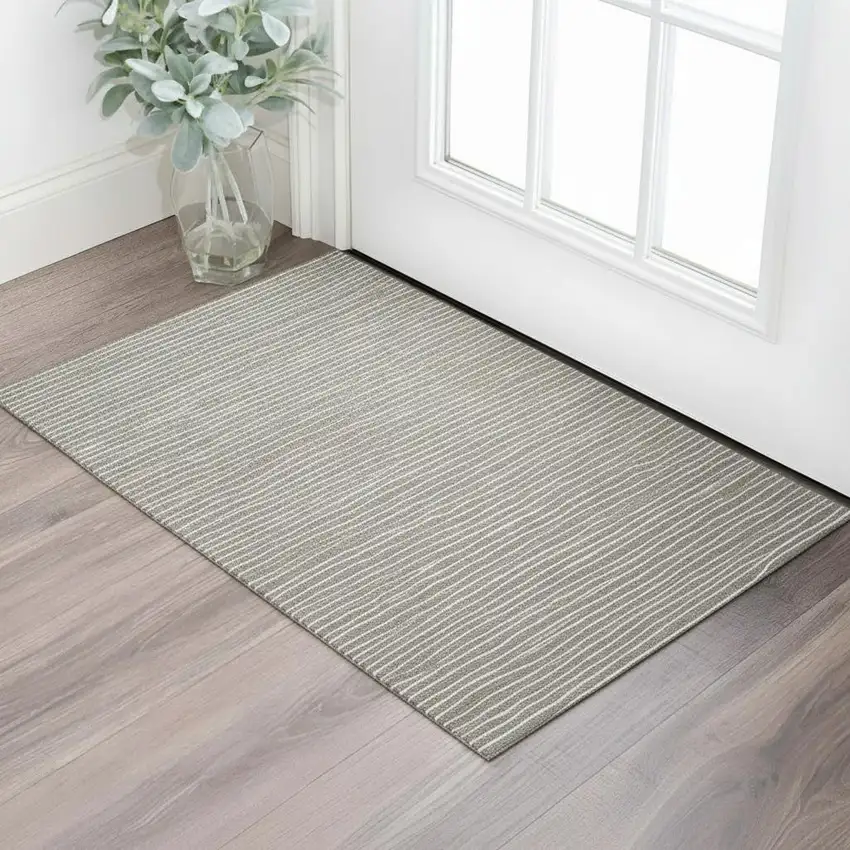 Taupe And Ivory Striped Washable Area Rug With UV Protection Photo 1