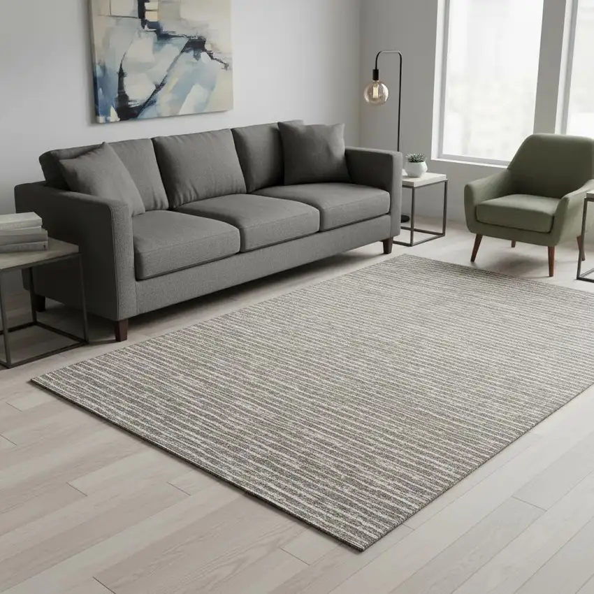 Taupe And Ivory Striped Washable Area Rug With UV Protection Photo 1