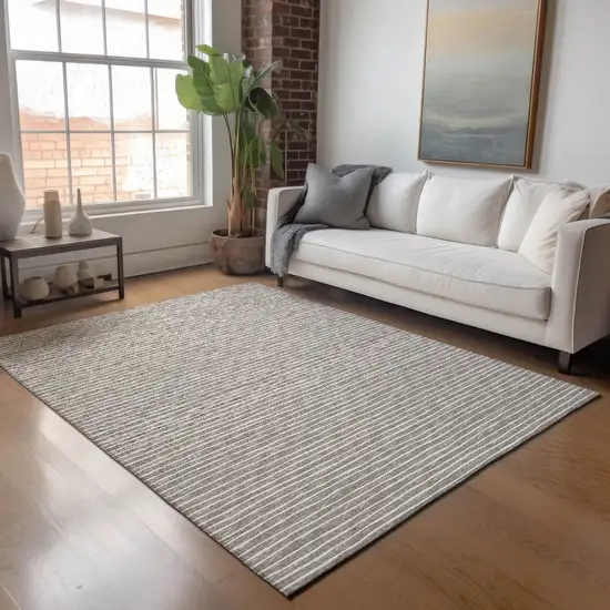 Taupe And Ivory Striped Washable Area Rug With UV Protection Photo 5