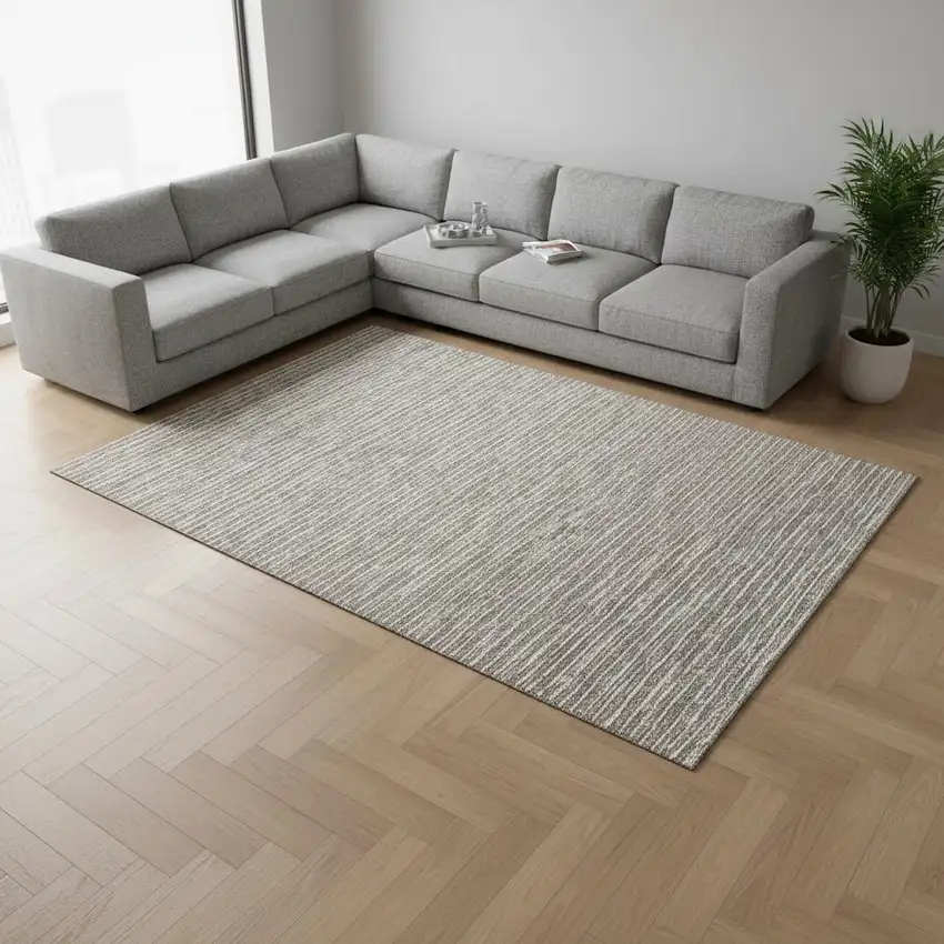 Taupe And Ivory Striped Washable Area Rug With UV Protection Photo 1