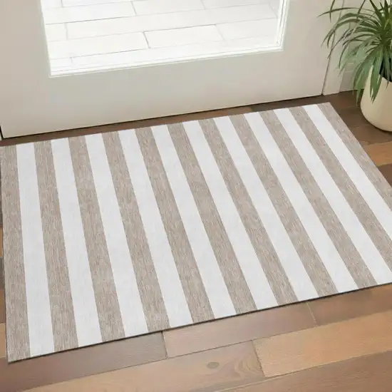 Taupe And Ivory Striped Washable Area Rug With UV Protection Photo 1