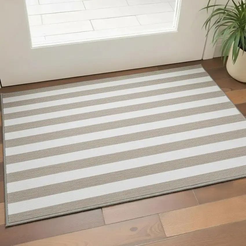 Taupe And Ivory Striped Washable Area Rug With UV Protection Photo 2