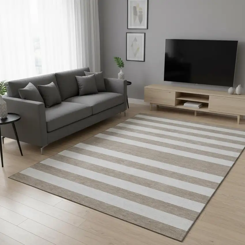 Taupe And Ivory Striped Washable Area Rug With UV Protection Photo 2