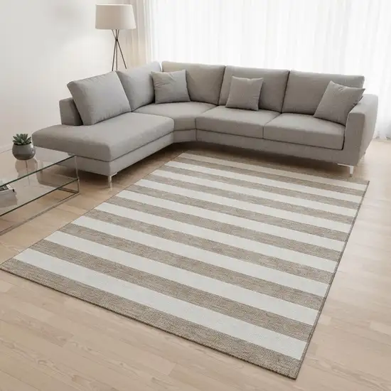 Taupe And Ivory Striped Washable Area Rug With UV Protection Photo 2
