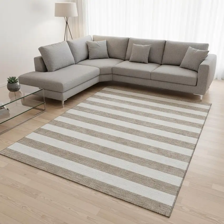 Taupe And Ivory Striped Washable Area Rug With UV Protection Photo 2