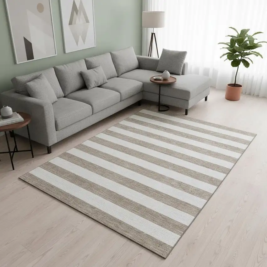 Taupe And Ivory Striped Washable Area Rug With UV Protection Photo 2