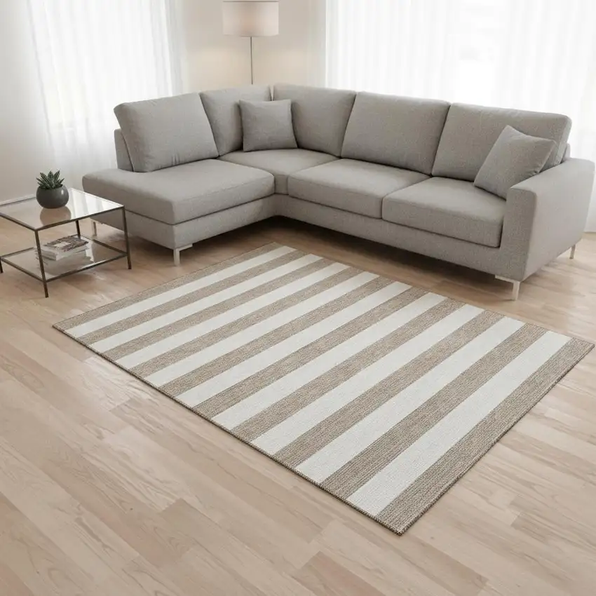 Taupe And Ivory Striped Washable Area Rug With UV Protection Photo 2