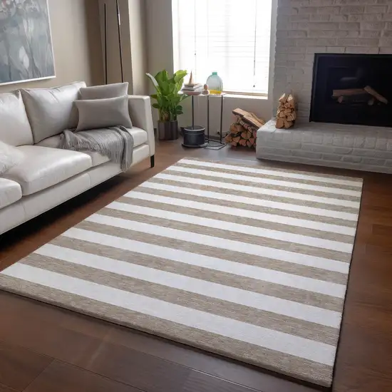 Taupe And Ivory Striped Washable Area Rug With UV Protection Photo 6