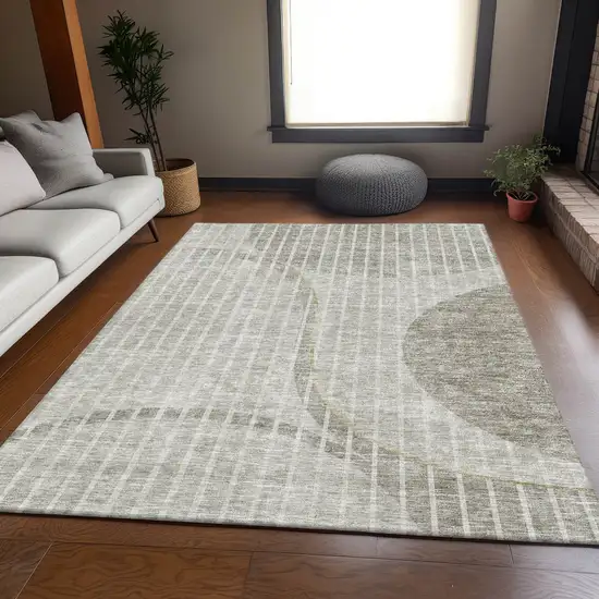 Taupe And Ivory Striped Washable Area Rug With UV Protection Photo 4