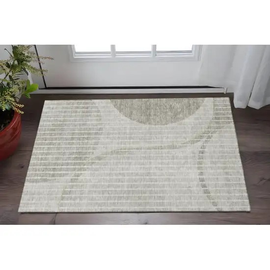 Taupe And Ivory Striped Washable Area Rug With UV Protection Photo 2
