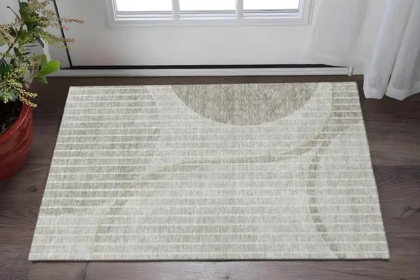 Taupe And Ivory Striped Washable Area Rug With UV Protection Photo 2