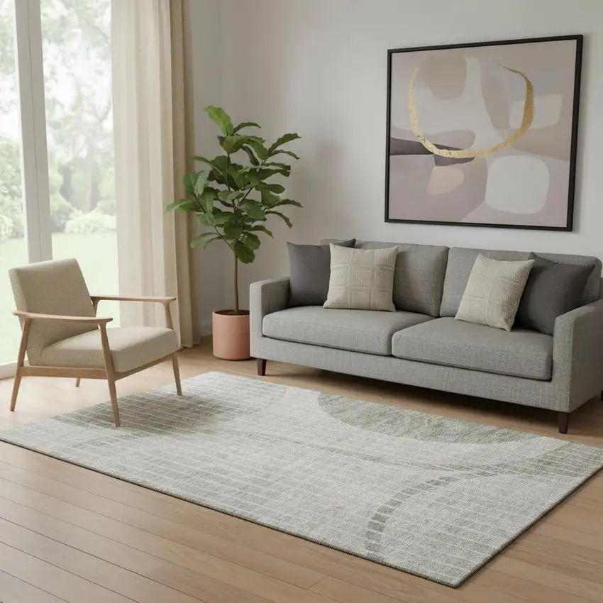 Taupe And Ivory Striped Washable Area Rug With UV Protection Photo 1