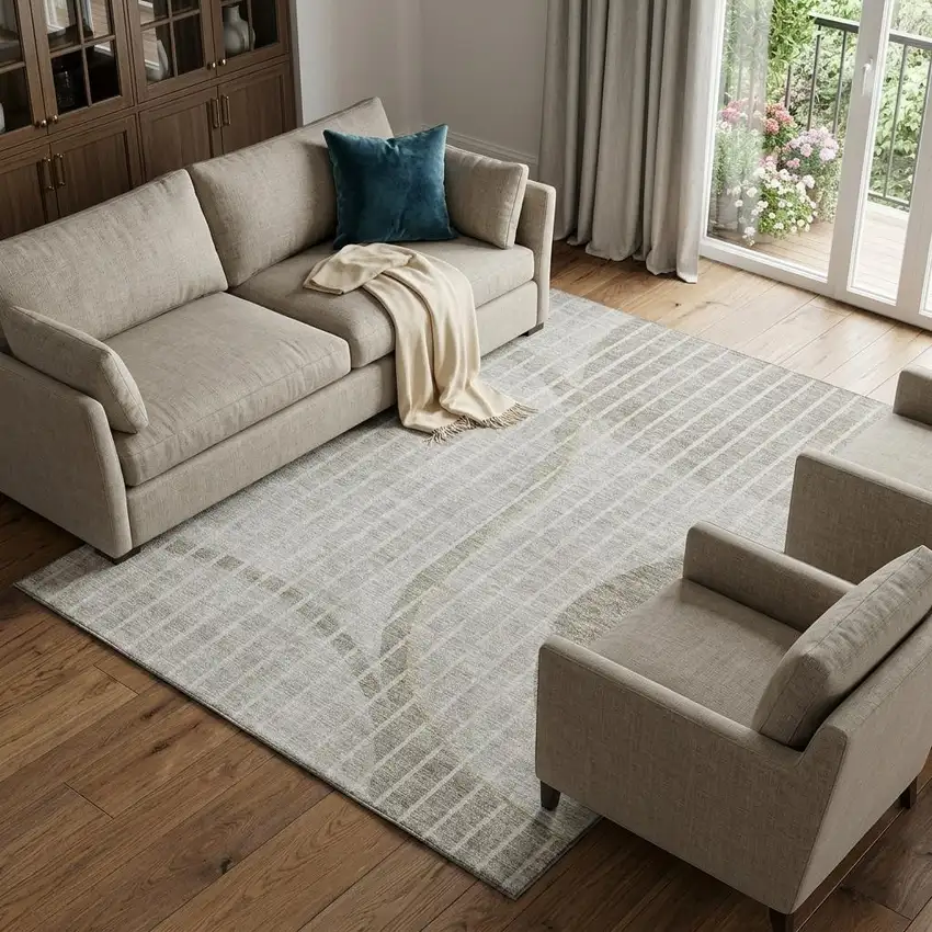 Taupe And Ivory Striped Washable Area Rug With UV Protection Photo 1