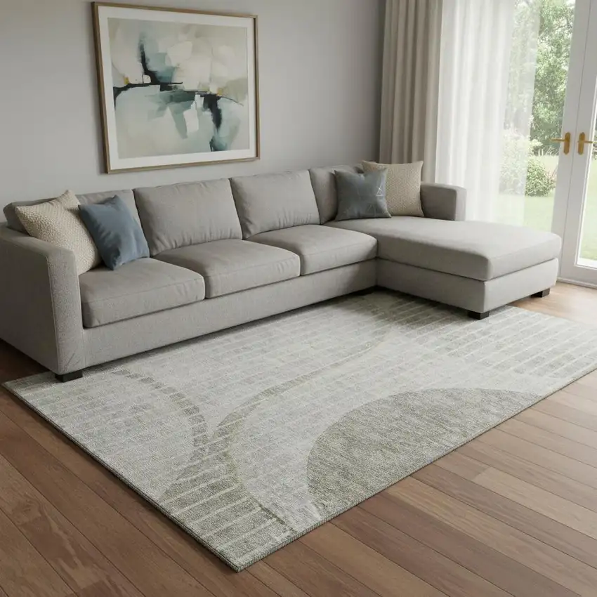 Taupe And Ivory Striped Washable Area Rug With UV Protection Photo 1