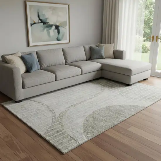 Taupe And Ivory Striped Washable Area Rug With UV Protection Photo 1