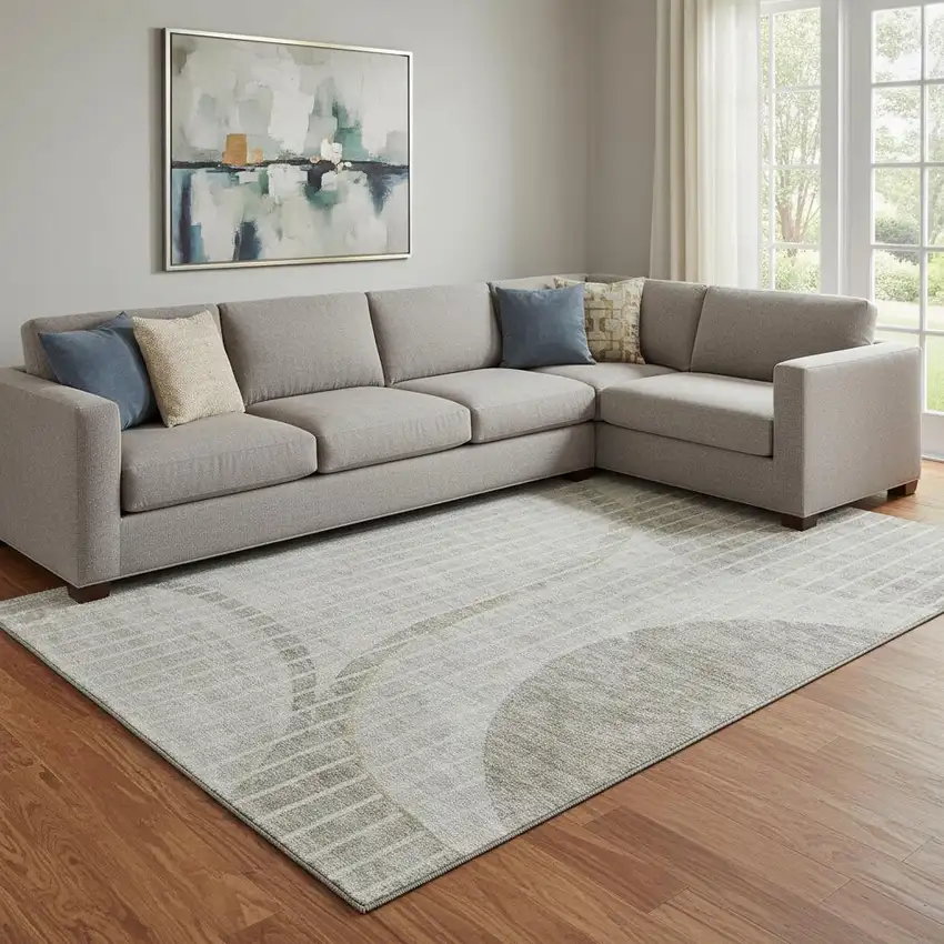 Taupe And Ivory Striped Washable Area Rug With UV Protection Photo 1