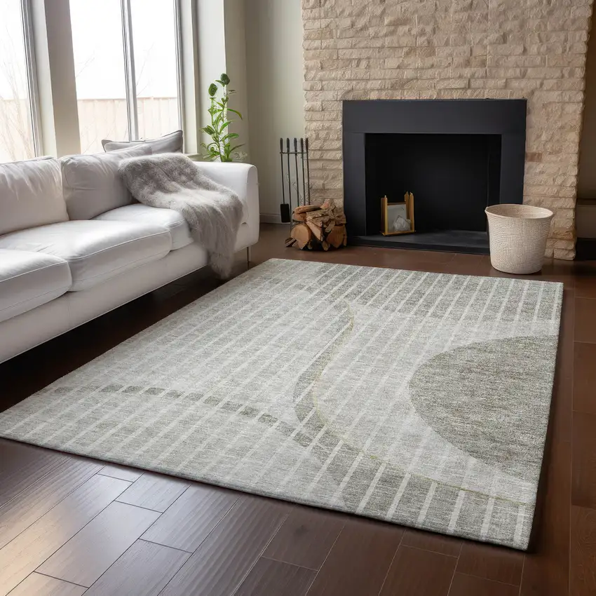 Taupe And Ivory Striped Washable Area Rug With UV Protection Photo 4