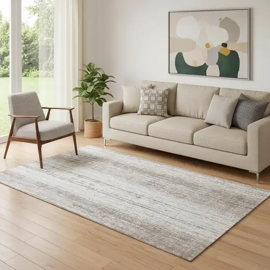 Taupe And Ivory Striped Washable Area Rug With UV Protection Photo 1