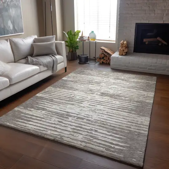 Taupe And Ivory Striped Washable Area Rug With UV Protection Photo 6