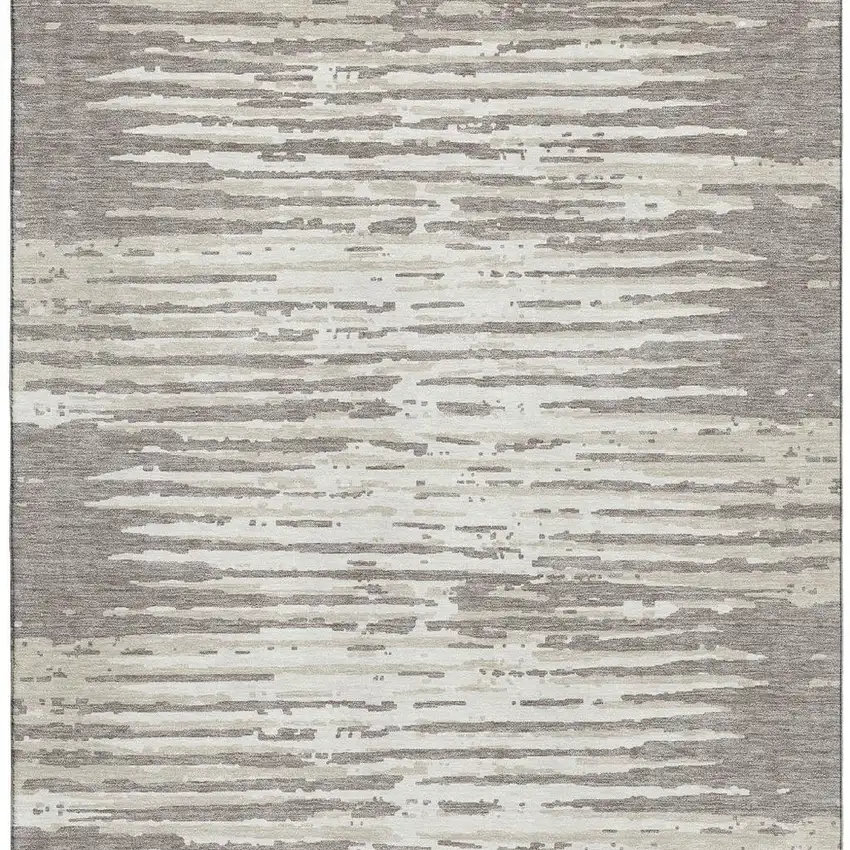 Taupe And Ivory Striped Washable Area Rug With UV Protection Photo 4