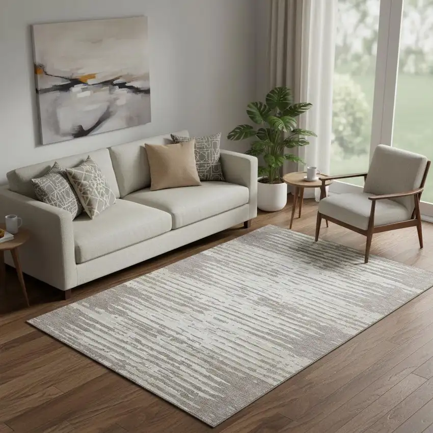 Taupe And Ivory Striped Washable Area Rug With UV Protection Photo 1