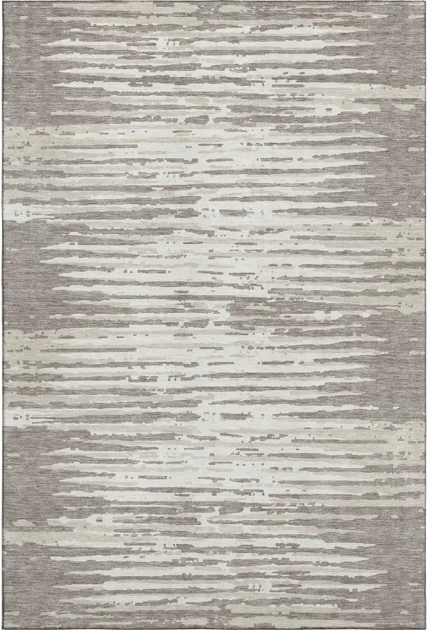 Taupe And Ivory Striped Washable Area Rug With UV Protection Photo 1