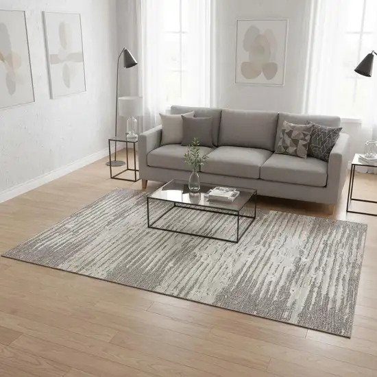 Taupe And Ivory Striped Washable Area Rug With UV Protection Photo 2