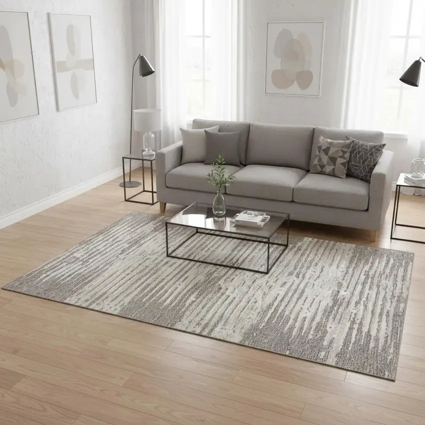 Taupe And Ivory Striped Washable Area Rug With UV Protection Photo 2