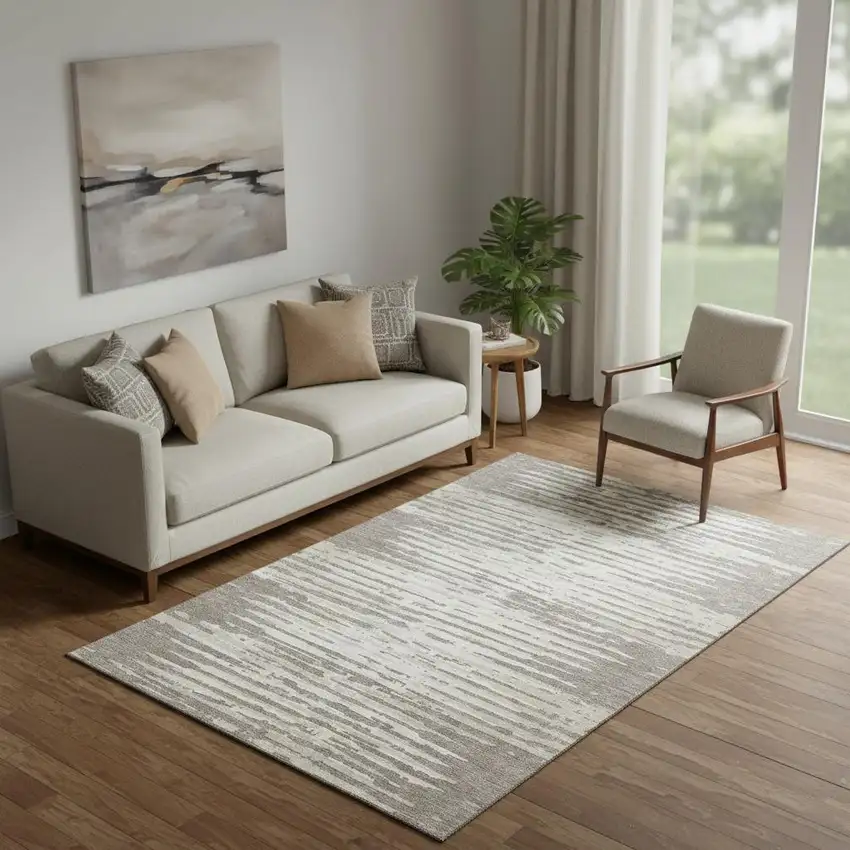 Taupe And Ivory Striped Washable Area Rug With UV Protection Photo 2