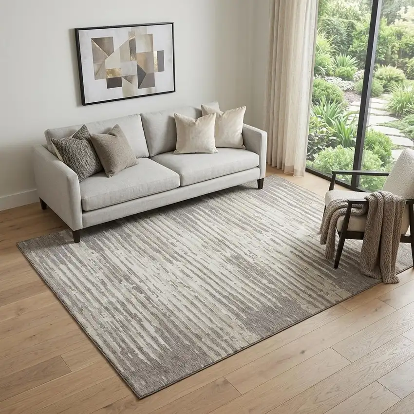 Taupe And Ivory Striped Washable Area Rug With UV Protection Photo 1
