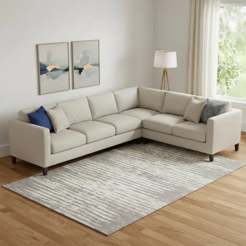 Taupe And Ivory Striped Washable Area Rug With UV Protection Photo 1