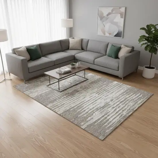 Taupe And Ivory Striped Washable Area Rug With UV Protection Photo 2