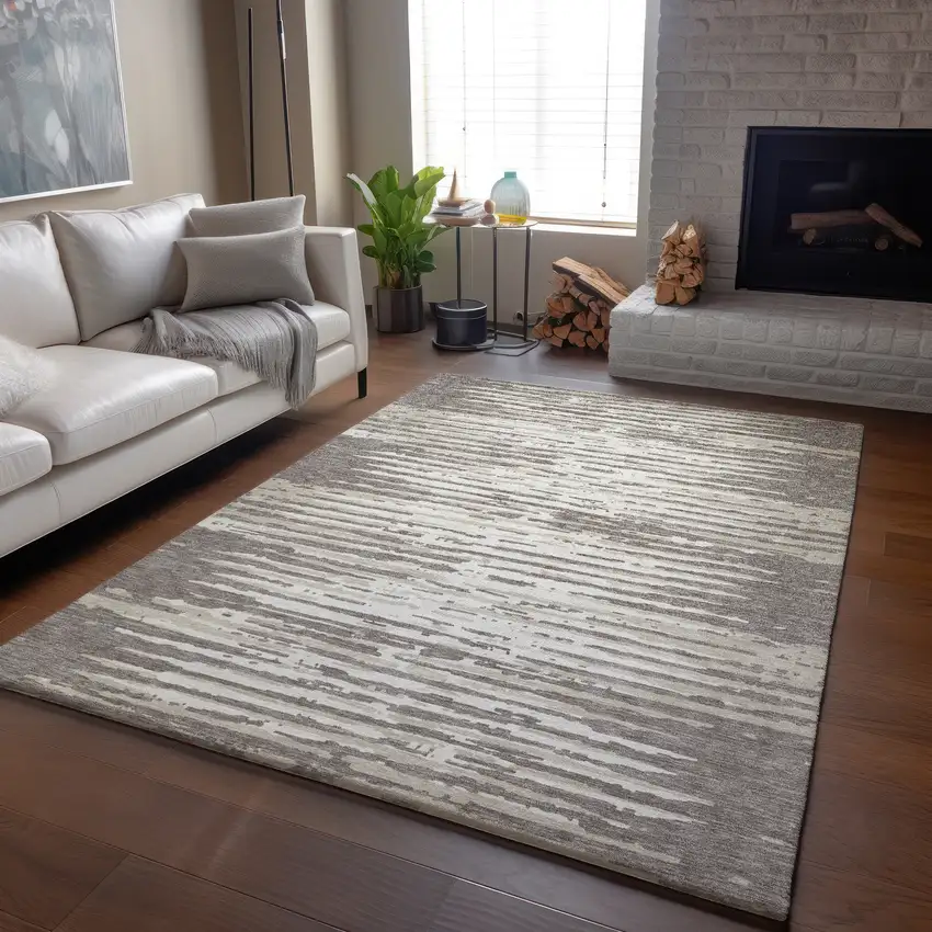Taupe And Ivory Striped Washable Area Rug With UV Protection Photo 6
