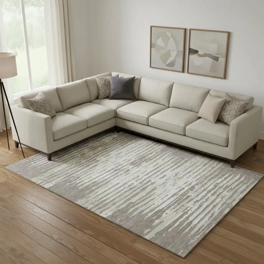 Taupe And Ivory Striped Washable Area Rug With UV Protection Photo 1