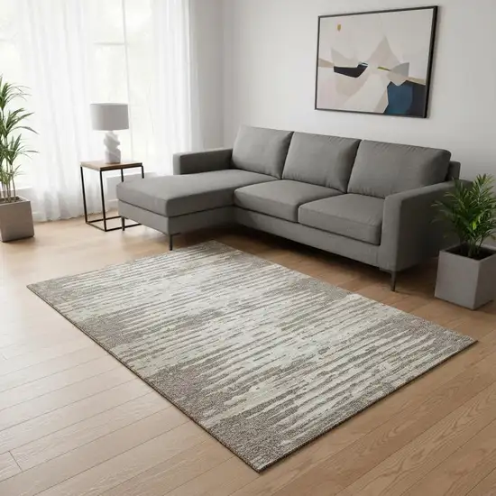 Taupe And Ivory Striped Washable Area Rug With UV Protection Photo 2