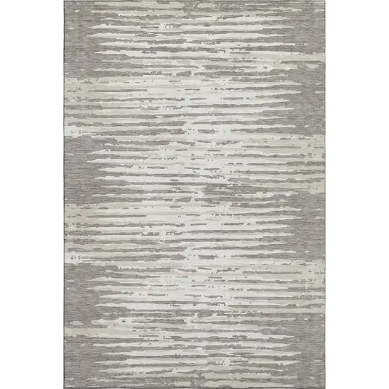 Taupe And Ivory Striped Washable Area Rug With UV Protection Photo 1